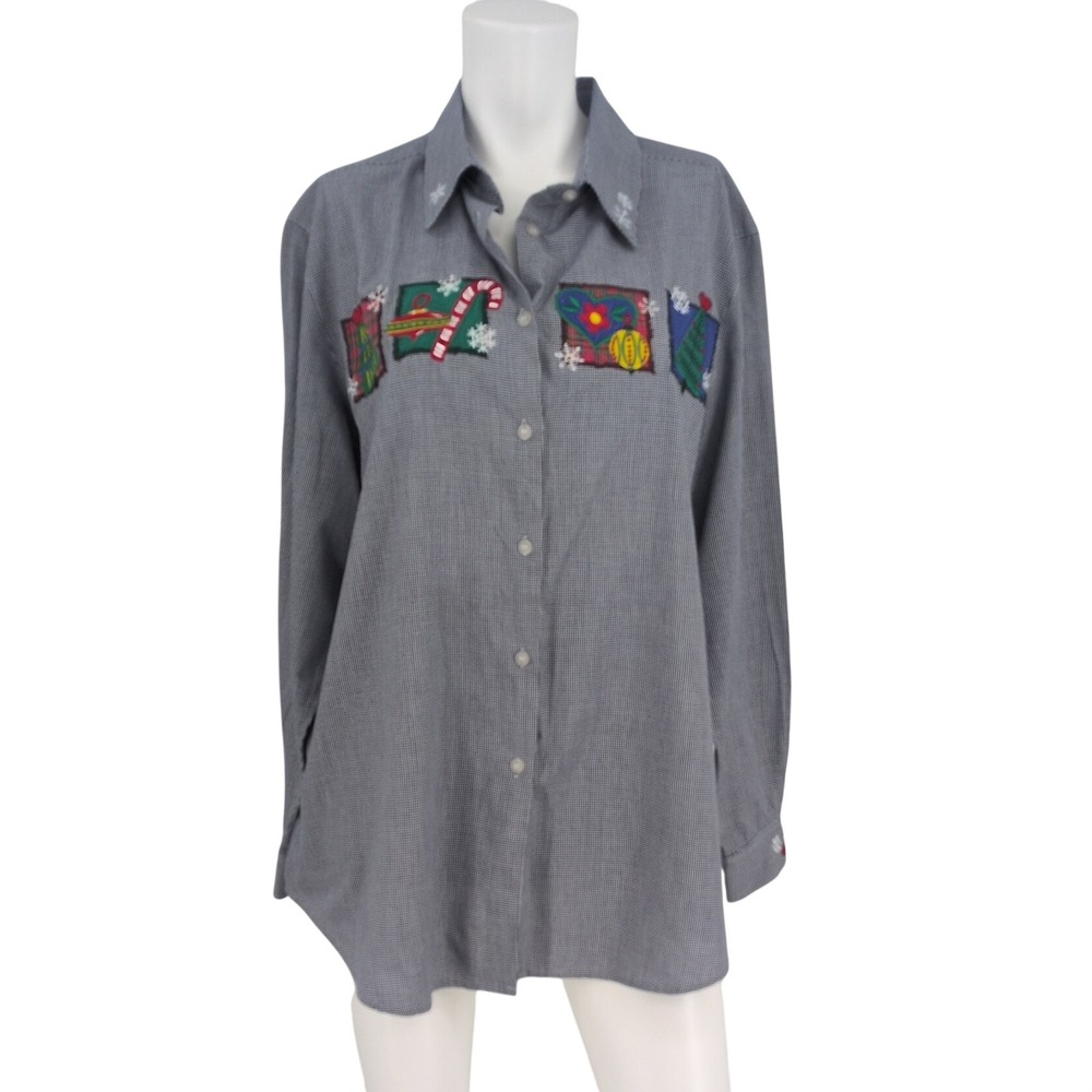 Vintage Embroidered Check Plaid Button Up Shirt Christmas Kitsch Festive XLarge